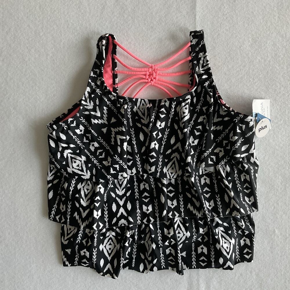 Arizona Jean Co Women's Plus Layered Swim Top XXL 20 1/2 PLUS Black White Coral